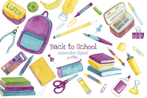 Back to School Watercolor Clipart and Illustrations
