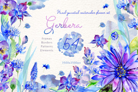 Blue Gerbera Watercolor Flower Set Illustrations