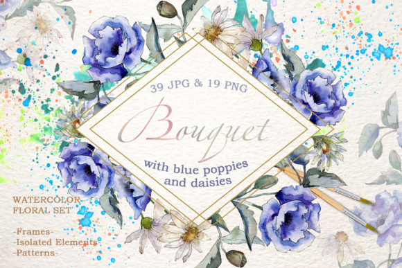 Bouquet with Blue Poppies and Daisies Watercolor Illustrations