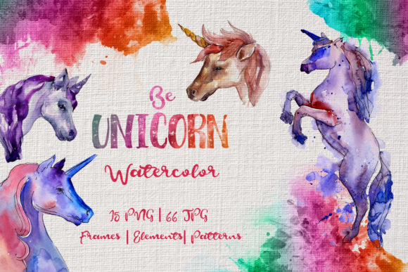 Colorful Unicorn Horse Watercolor Set and Illustrations