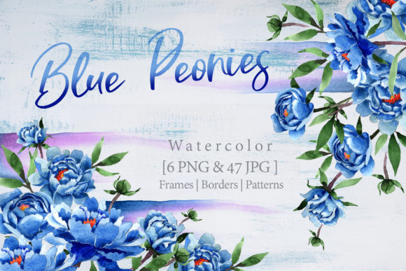Cool Blue Peonies Watercolor Flower Set Illustrations