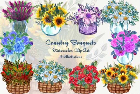 Country Bouquets Watercolor Clip Art and Illustrations