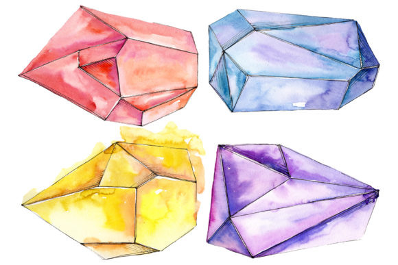 Crystals Red Yellow Blue Watercolor Illustrations