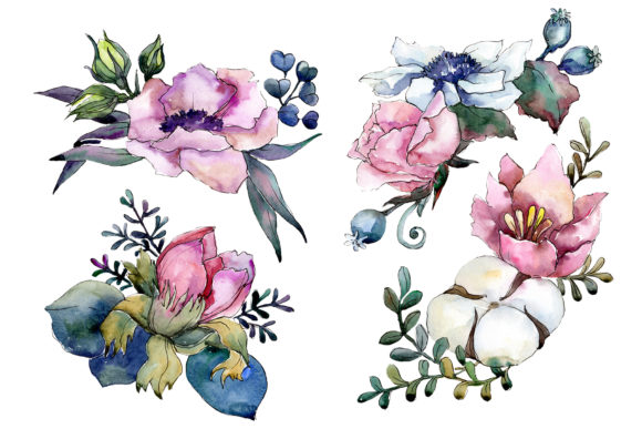 Elegant Pink Bouquet Watercolor Set Illustrations