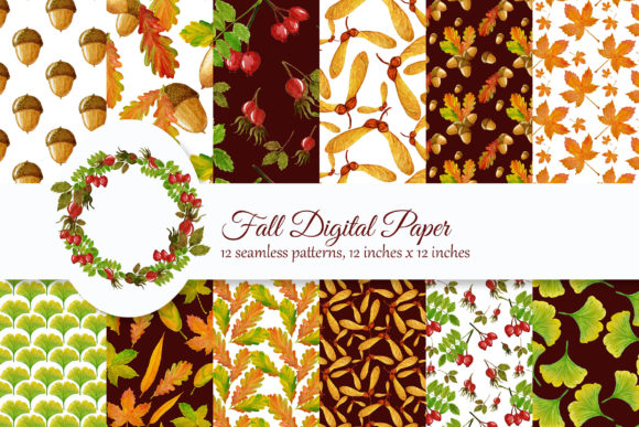 Fall Digital Paper, Watercolor Autumn Illustrations