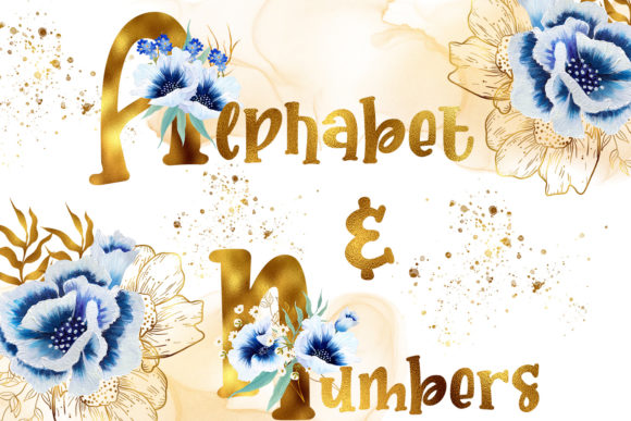 Golden Watercolor Anemone Alphabet Numbers and Illustrations