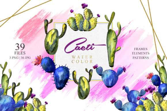 Green and Blue Cactuses Watercolor Set for Illustrations