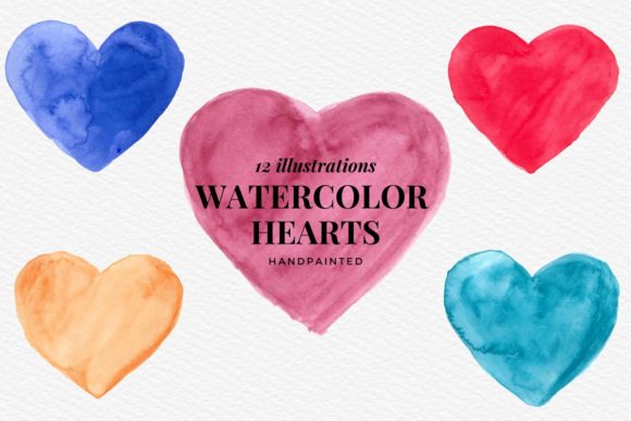 Hand Panted Watercolor Hearts, Cute Icon Illustrations