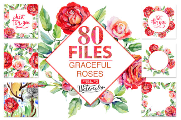 Roses Red Watercolor Flower Set Illustrations