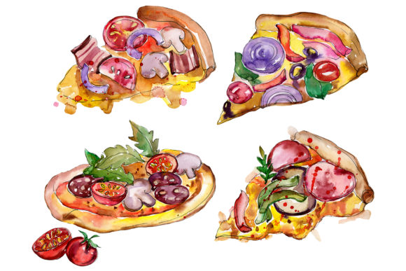 Tasty Italian Pizza Watercolor Set and Illustrations