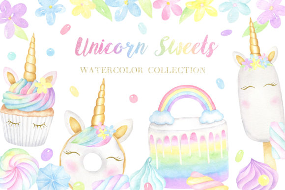 Unicorn Sweets Watercolor Collection and Illustrations
