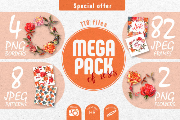 Wildflower Colorful Roses Watercolor Set and Illustrations