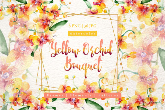 Yellow Orchid Bouquet Watercolor Design Set and Illustrations